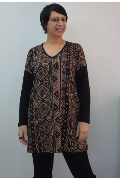 Mertcan Butik Black Dark Latte Patterned V-Neck Size All-Over Black Low-Sleeve Combed Viscose T-Shirt