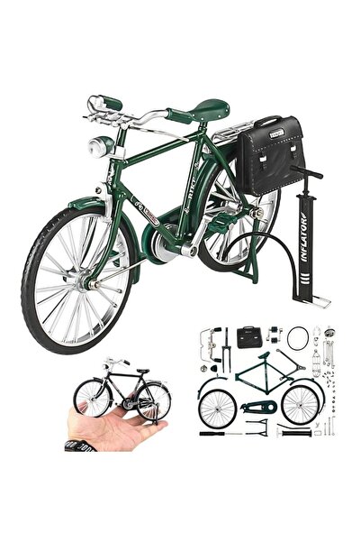 OEM Green bicycle puzzle equipped with pump and mailman's bag, suspended on a jack, robotics project