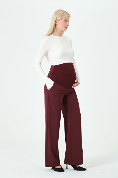 BUSA Maternity Stretchy Waistband Adjustable Wide Leg Gabardine Trousers Bordo
