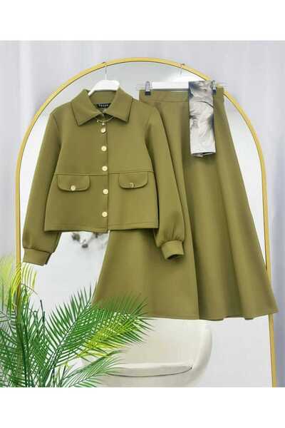 MODA VEDAT Women's Gold Buttoned Scuba Fabric Suit with Skirt -0580