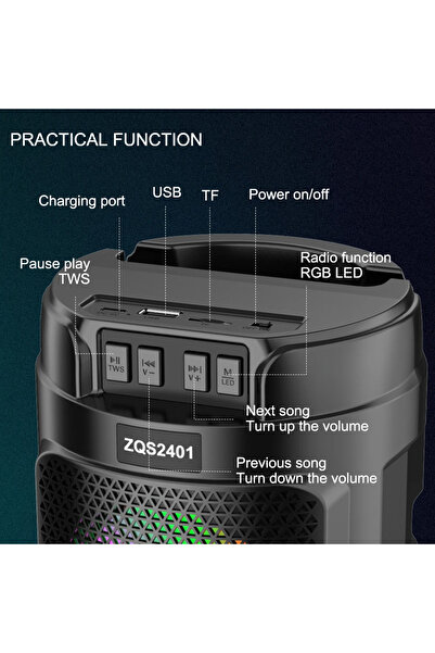 ZQS Portable Bluetooth Speaker ZQS2401 – 8W, LED Light, BT/USB/TF/FM, 800mAh Battery, Type-C Charging