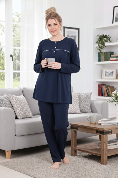 PREGNANT WORLD Women's Navy Blue Design Crew Neck Long Sleeve Plus Size (Oversized) Pajama Set