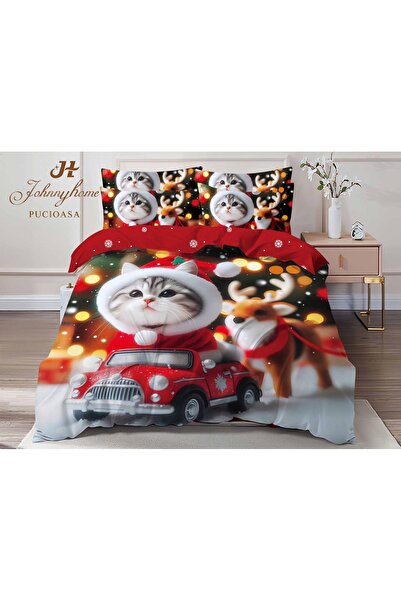 trendyhome Finet Cotton Christmas Bed Linen 6-Piece – Kitten in Santa Costume, Reindeer & Car