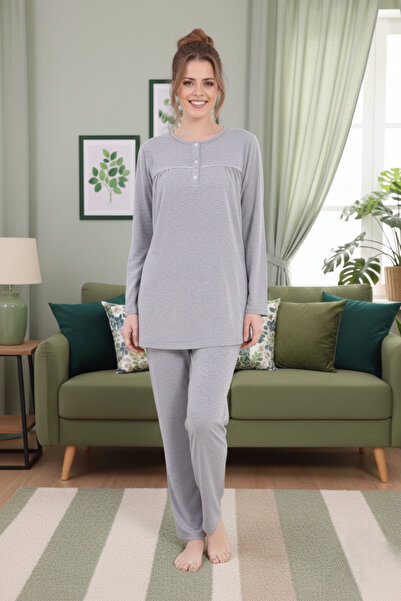 PREGNANT WORLD Women's Gray Design Crew Neck Long Sleeve Plus Size (Oversized) Pajama Set