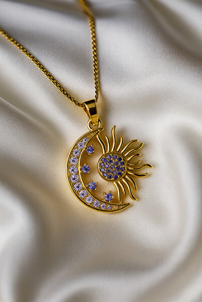 A-STİL TAKI Women's Gift Box Moon-Sun Zircon Amethyst Stone Steel Necklace