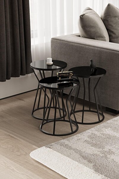 MYDECO Kum Saati Zigon Sehpa Siyah Ayak Siyah Ayna