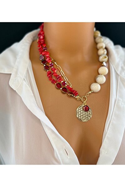 Limi Design Red Natural Stone Flower of Life Necklace-Design Necklace-New Year Necklace