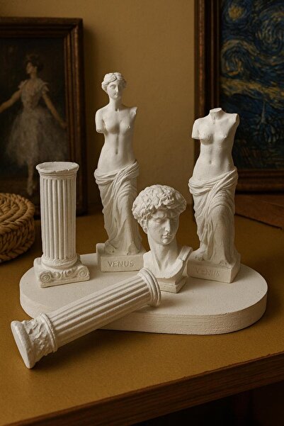 Sisay Home Antik Heykel Seti Standlı 6 Parça - Büst ve Kolonlu Dekoratif Set