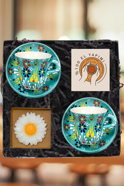 Janset %100 El Yapımı Hediye Seti-Kütahya Çini El Yapımı 2Lİ SuYeşili Kahve F...