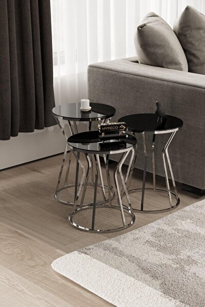 MYDECO Kum Saati Zigon Sehpa Gümüş Kaplama Siyah Ayna