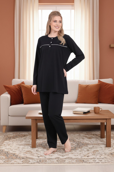 PREGNANT WORLD Women's Black Design Crew Neck Long Sleeve Plus Size (Oversized) Pajama Set