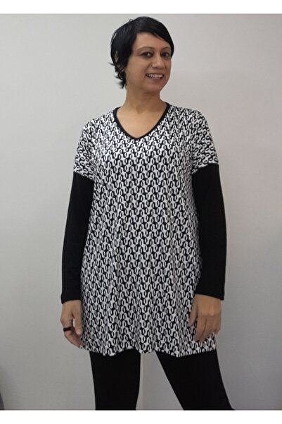 Mertcan Butik White with Black Pattern, Size Fits All, Low Long-Sleeved Combed Viscose T-Shirt