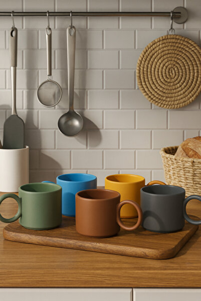 CERCİBAZAAR Minimal, Colored Ceramic Cup – Modern Design, Round Handle