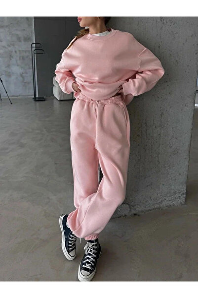 Zerenyus 3 Thread Ş Fleece-Lined Rubber Leg Women's Sweatpants Pink