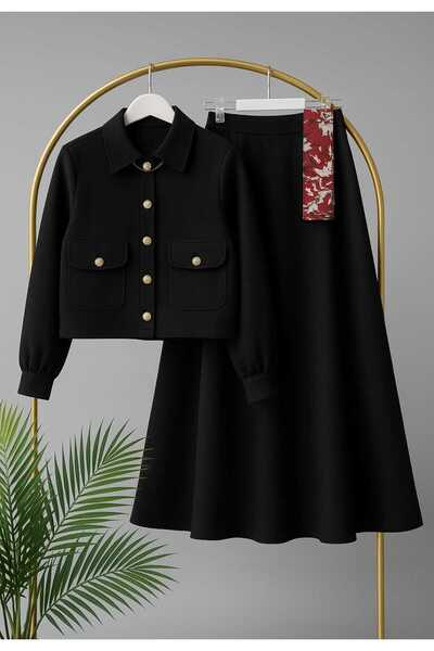 MODA VEDAT Women's Gold Buttoned Scuba Fabric Suit with Skirt -0580