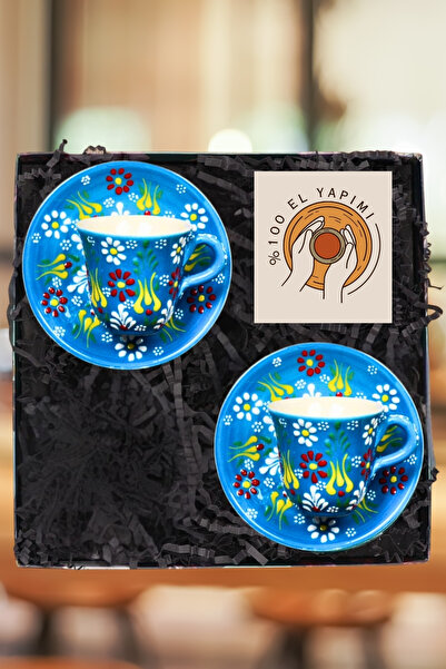 Janset Kütahya Handmade Tile Motif Embossed 2-Piece Coffee Cup Set - Shipped in Box