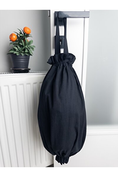 YUVOL Keten Siyah Kumaş Poşetlik Organizeri 50x35 cm Çift Lastikli Mutfak Poş...