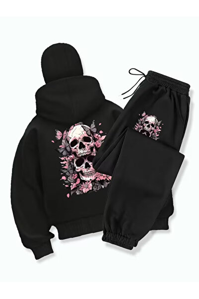 ANUSHKA Unisex Skull & Flowers Masked Fleece-Lined 3 Thread Tracksuit Set
