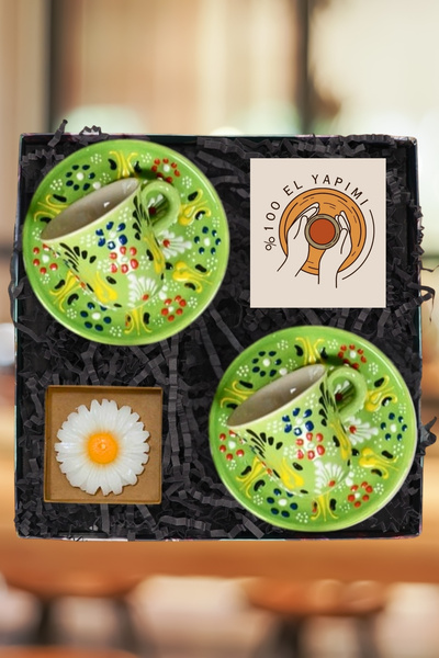 Janset %100 ElYapımı Hediye Seti-Kütahya Çini El Yapımı 2Lİ Açık Yeşil Kahve ...