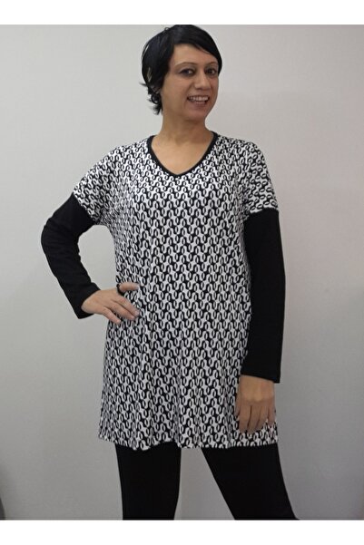 Mertcan Butik White with Black Pattern, Size Fits All, Low Long-Sleeved Combed Viscose T-Shirt