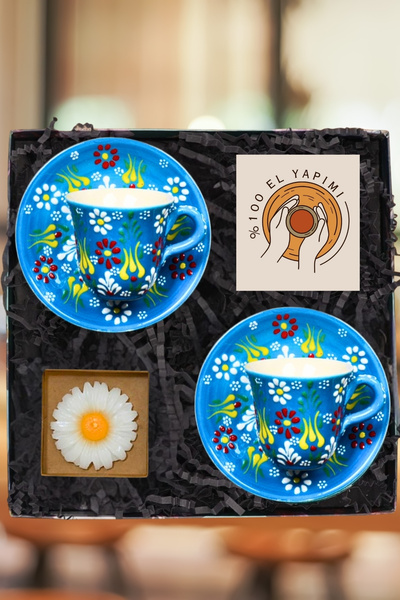 Janset %100 El Yapımı Hediye Seti-Kütahya Çini El Yapımı 2Lİ Mavi Kahve Finca...