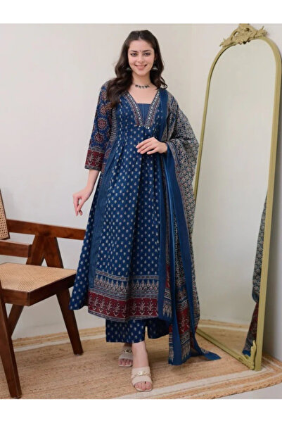 MYSMAR Teal Blue Viscose Cotton Salwar Kameez Dupatta - ALV2048 | Teal Blue