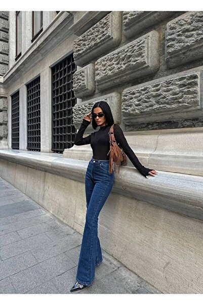 Diviny Γυναικείο τζιν παντελόνι με ψηλή μέση Navy Blue Trend καμπάνα