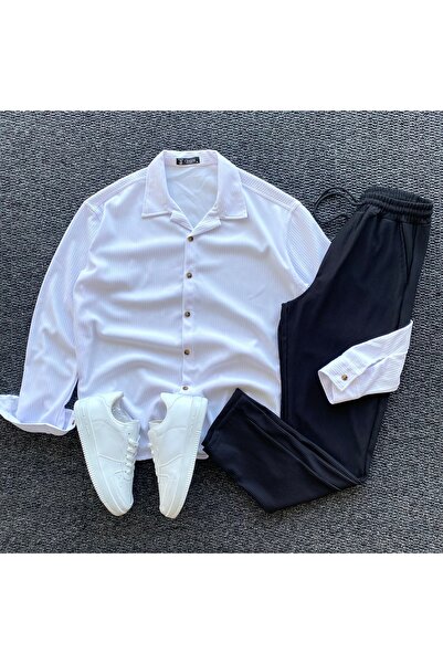 THANBUTİK 2'Li̇ Ottoman Corded Fabric Fabric Regular Fit Men's Shirt Pants Set