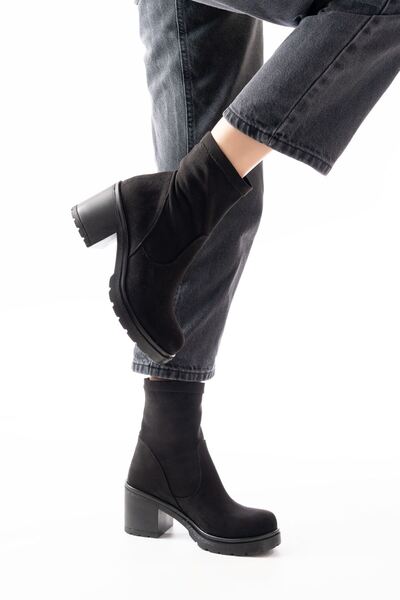 Zerenyus Zri̇n-3040 Premium Black Suede Daily Thick Heeled Women's Boots