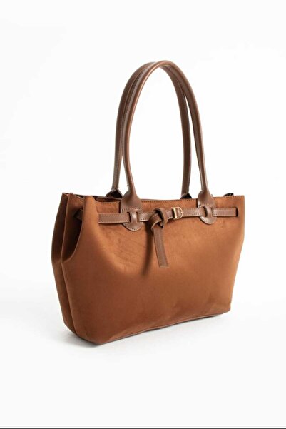 ÖZÜM TAKI Women's Suede Belt Detail Large Size Shoulder Bag Brown
