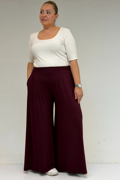 eslamood 49003 Plus Size Elastic Waist Combed Cotton Skirt Pants - Burgundy
