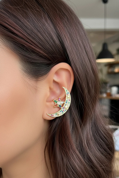 PRVT Hilal ve Yıldız Tasarım Renkli Taşlı Küpe – Kararmaz Çelik, Şık Kadın Küpe