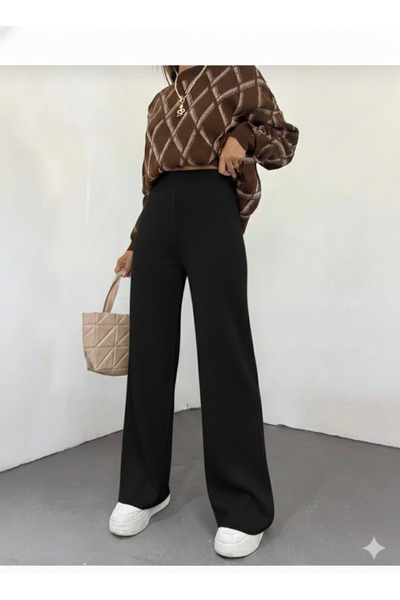 BLUEMOOR Kadın kışlık rahat kalıp bol paça comfort beli lastikli triko pantolon