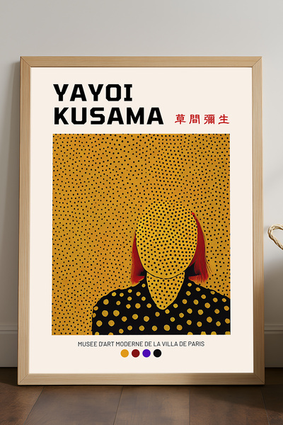 Duvarda Plakat Yayoi Kusame sa prirodnim drvenim okvirom, dekorativna umetnič...