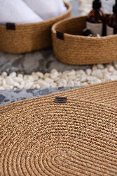 Comfort Craft Straw / Jute 4 Piece Bathroom Mat Set |   Oval Basket, Mop and Decor Set