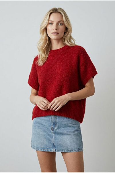 Qoolest Kadın Bordo Yumuşak Dokulu Yünlü Kısa Kollu Triko Kazak
