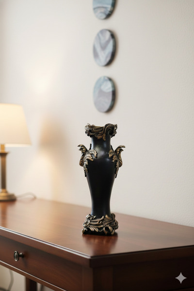 Dekoromi Decorative Leaf Detailed Black Vase Luxury Home and Office Decoratio...