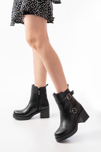 Zerenyus Zri̇n-3027 Premium Black Heeled Zippered Daily Women's Boots