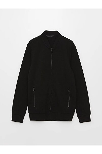 Lushen Erkek Fermuarlı Cepli Siyah Basic Kapüşonsuz Hakim Yaka Sweatshirt Hırka