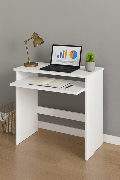 Bladimo Tera Bilgisayar Masası, Laptop Masası Klavye Bölümü Kaydırmalı Beyaz