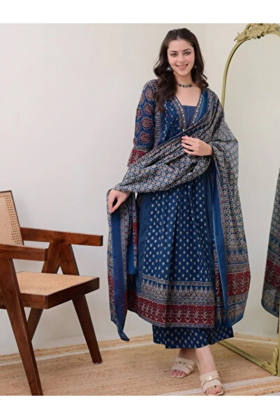 MYSMAR Teal Blue Viscose Cotton Salwar Kameez Dupatta - ALV2048 | Teal Blue