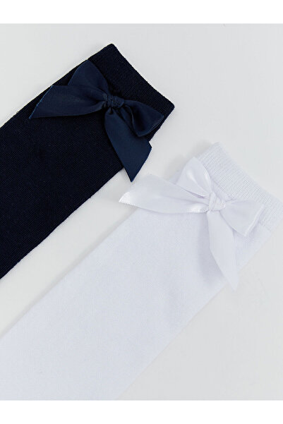 LC Waikiki Navy Blue Bow Detailed Girls' Knee High Socks 2-Piece