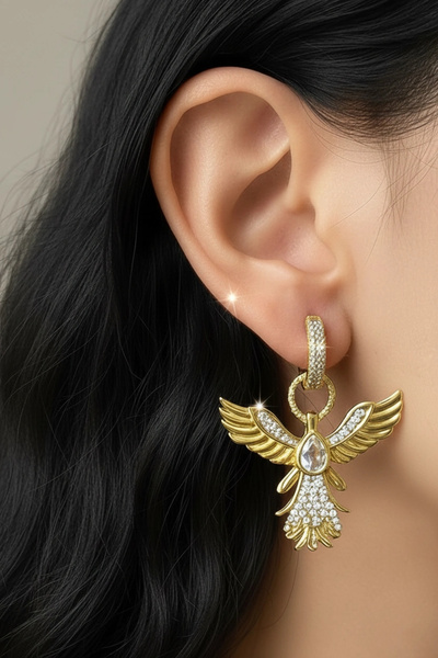 PRVT Anka Kuşu Tasarım Taşlı Sallantılı Küpe – Kararmaz Çelik, Altın Renk Kad...