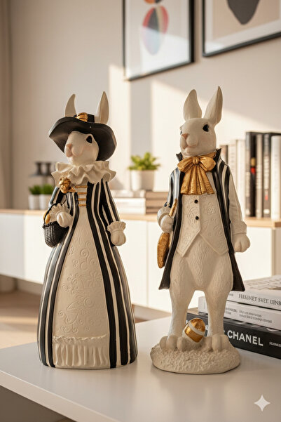 Dekoromi Dekoratif Çift Tavşan Heykeli Polyester El Boyaması Biblo 2 Adet (35x13cm) Ev ve Ofis Dekorasyon