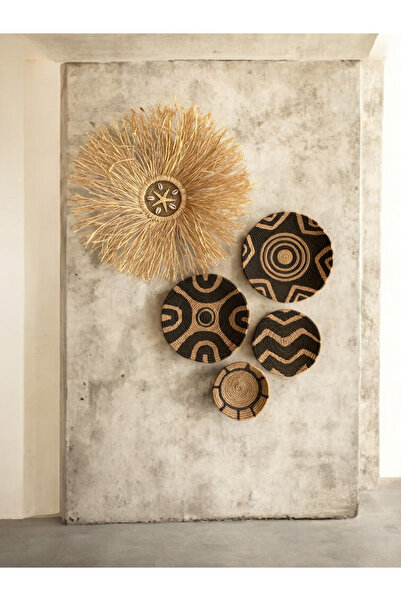 Momiko El Yapımı Hasır Duvar Tabağı Seti – Doğal Rafya & Zigzag Desen – 5’li Dekoratif Duvar Süsü Siyah