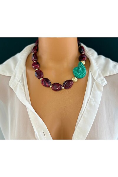 Limi Design قلادة باللون العنابي مع إكسسوارات - قلادة على شكل حلزون - قلادة ب...