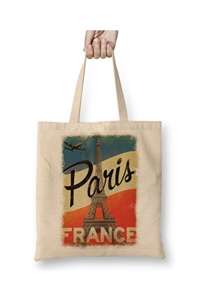 Toyaso Paris France White Tote Bag Long Handle Shopping Bag Beach Bag