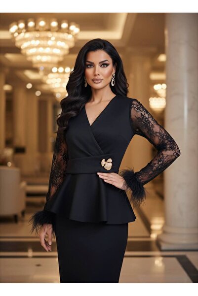 asyadabutik Women's Imported Fabric Sleeve Lace and Sleeve Tip Otriş Detailed Accessory Skirt Blouse Two-Piece Set