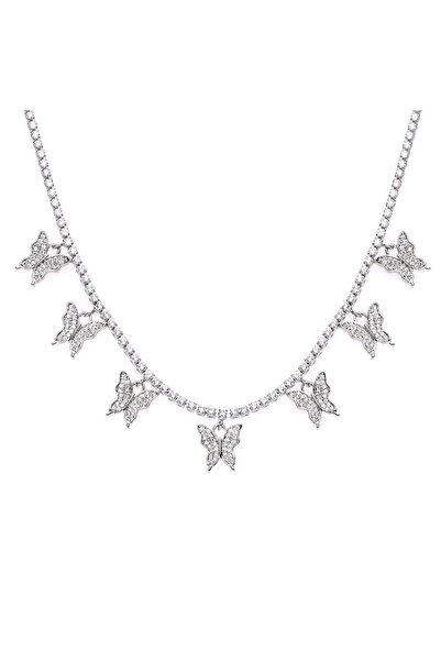 House of Crystals Gold Plated Tennis Necklace with Zirconia Crystals Diamond Butterfly