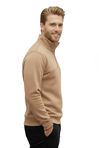 DeepSEA Men's Camel Relax Fit Fleece Inside 100% Cotton Half Zipper D Mock Neck Sweatshirt 2600760